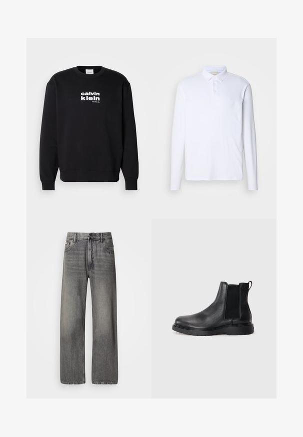 Čierna mikina vyrobená z bavlny s okrúhlym výstrihom. Na prednej strane sú biele nápisy "calvin klein" a "New York City".; Biela polo košeľa s dlhými rukávmi vyrobená z mäkkej látky, s klasickým golierom, trojuholníkovým zapínaním a jemným logom na hrudi.; Džínsy so širokými nohavicami v tmavošedej denimovej farbe s vyblednutým efektom. Majú klasický dizajn s piatimi vreckami a pútkami na opasok.; Čierne kožené chelsea čižmy s textúrovaným povrchom, elastickými bočnými panelmi a pevným gumovým podpätkom. Diskrétny branding na päte.