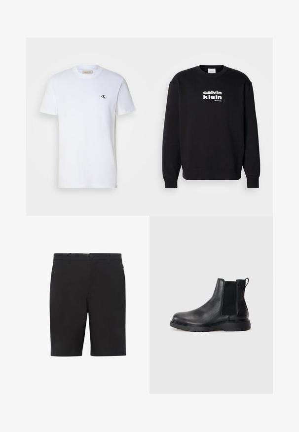 Sudadera negra de algodón con cuello redondo. Presenta el logo blanco de "calvin klein" y "New York City" impreso en la parte frontal.; Camiseta de algodón blanca con mangas cortas y cuello redondo. Presenta un pequeño logo negro "ck" en el lado izquierdo del pecho. Corte clásico. Textura suave.; Pantalones cortos negros hechos de tela ligera, con frente plano, cinturilla estándar y bolsillos laterales. Textura suave sin patrones visibles.; Botas Chelsea de cuero negro con acabado texturizado, paneles laterales elásticos y una suela de goma resistente. Marca sutil en el talón.