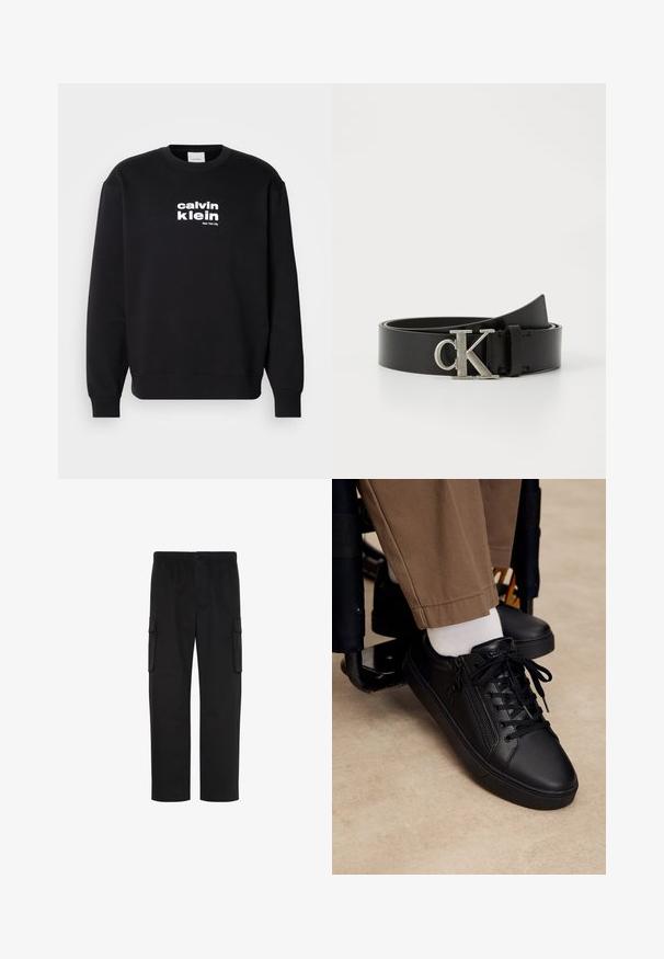 Sudadera negra de algodón con cuello redondo. Presenta el logo blanco de "calvin klein" y "New York City" impreso en la parte frontal.; Pantalones cargo negros de pierna recta con cintura elástica, cierre de botón y dos bolsillos con solapa en los lados.; Zapatilla deportiva de cuero negro con cordones y cremallera lateral, usada con calcetines blancos y pantalones marrones, pie apoyado en el reposapiés de una silla de ruedas.; Cinturón de cuero negro con una textura suave, con una hebilla de metal plateado con el logo "CK". El cinturón está plano y cuidadosamente enrollado.