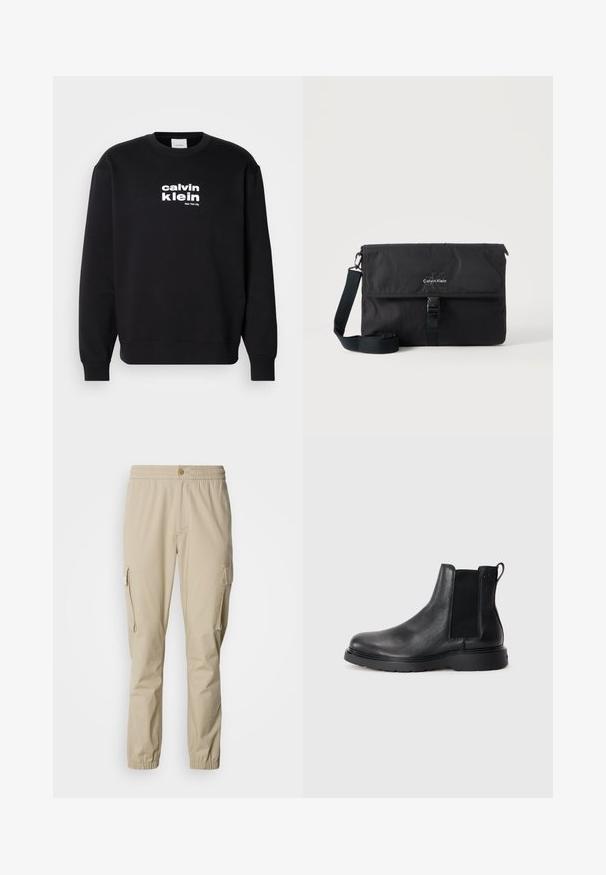 Sudadera negra de algodón con cuello redondo. Presenta el logo blanco de "calvin klein" y "New York City" impreso en la parte frontal.; Pantalones cargo beige con cinturilla elástica, cierre de botón, bolsillos laterales y puños elásticos en los tobillos, fabricados en tela ligera.; Botas Chelsea de cuero negro con acabado texturizado, paneles laterales elásticos y una suela de goma resistente. Marca sutil en el talón.; Bolso mensajero negro de Calvin Klein con correa de hombro ajustable y solapa frontal asegurada con una hebilla, mostrado sobre un fondo liso.