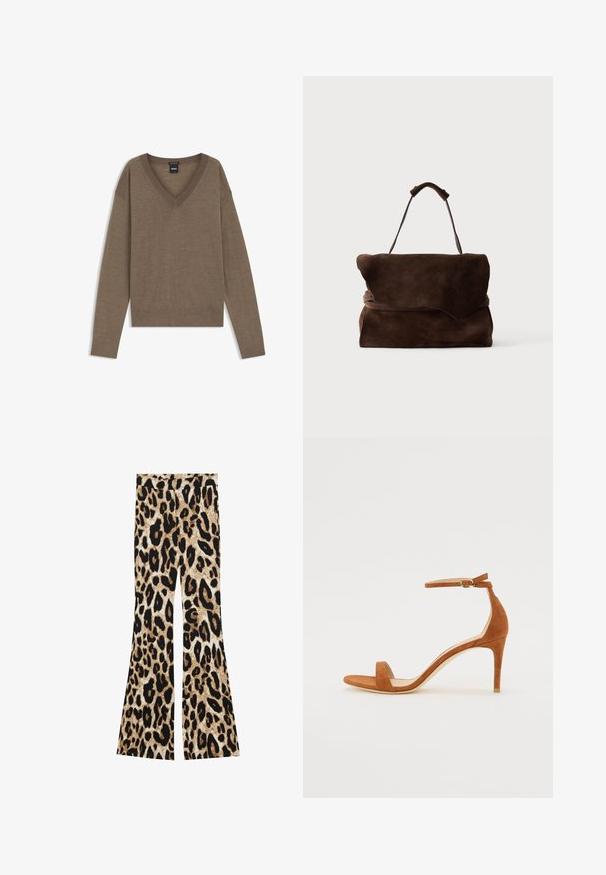 Brun langærmet V-hals trøje med ribkanter ved manchetter og kant, vist fladt på hvid baggrund.; Flared bukser med leopardprint i sort og brune nuancer, ribbet tekstur og høj talje design.; Brune ruskinds højhælede sandal med en tynd ankelrem med en guldspænde, åben tå og et stilrent, minimalistisk design.; Mørkebrunt ruskindstaske med en asymmetrisk klap og et enkelt top-håndtag på en ensfarvet baggrund.