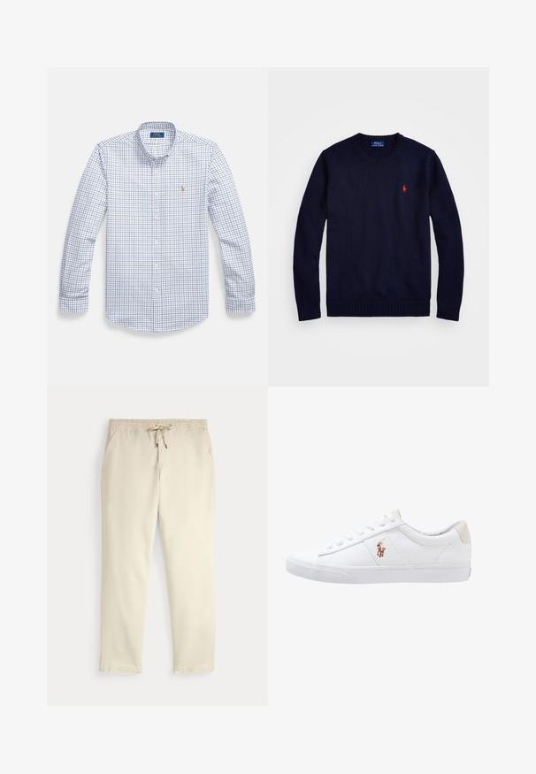 Navy blue knitted sweater with a ribbed crew neck and hem. Features a small red embroidered logo on the chest. Soft texture, long sleeves.; Men's long-sleeve button-up shirt in white with a blue and red check pattern. Features a collar and a small embroidered logo on the chest.; Off-white casual pants with elastic waistband and drawstring, straight legs, and side pockets against a plain background.; White canvas sneaker with a low-top design, featuring a beige heel tab and a small embroidered logo on the side. Rubber sole.