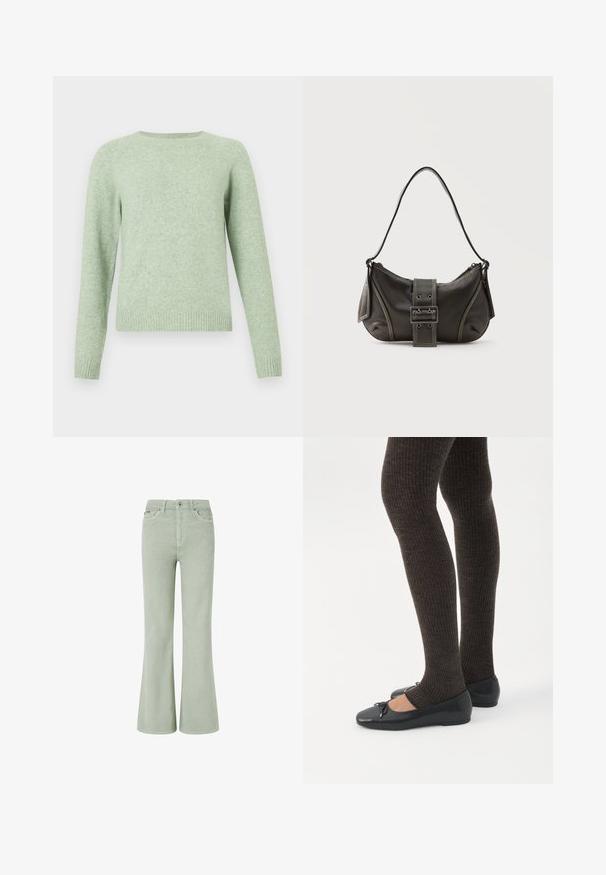 Lichtgroene trui met lange raglanmouwen, een ronde halslijn en een geribde zoom. Zachte textuur, egale kleur en eenvoudig ontwerp.; Groene flared corduroy jeans met een middellange taille, voorzien van voorzakken, een knoopsluiting en een zachte textuur.; Benen met donkere geribbelde leggings gecombineerd met zwarte ballerina's met kleine strikdetails op een witte achtergrond.; Zwarte leren schoudertas met gespsluiting aan de riem, afgeronde hoeken en contrasterende witte stiksels op een effen achtergrond.