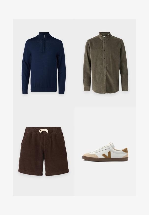Tumman sininen, pitkähihainen neule, jossa on neljännesvetoketjuhalli. Sujuva pinta, istuva malli, vähäiset saumat ja ei näkyviä logoja.; Oliivinvihreä corduroy-paita, jossa on napillinen kaulus, edessä napitus, pitkät hihnat ja teksturoitu pinta.; Ruskeat corduroy-shortsit, joissa on joustava vyötärönauha, nyörikiinnitys ja sivutaskut. Kangas on varustettu pystysuoralla urituksella ja teksturoidulla pinnalla.; Valkoiset lenkkarit, joissa on beige mokkanahka-akcentit, varustettuna teksturoidulla ruskealla kumipohjalla, nauhakiristyksellä ja logolla kantapäässä.