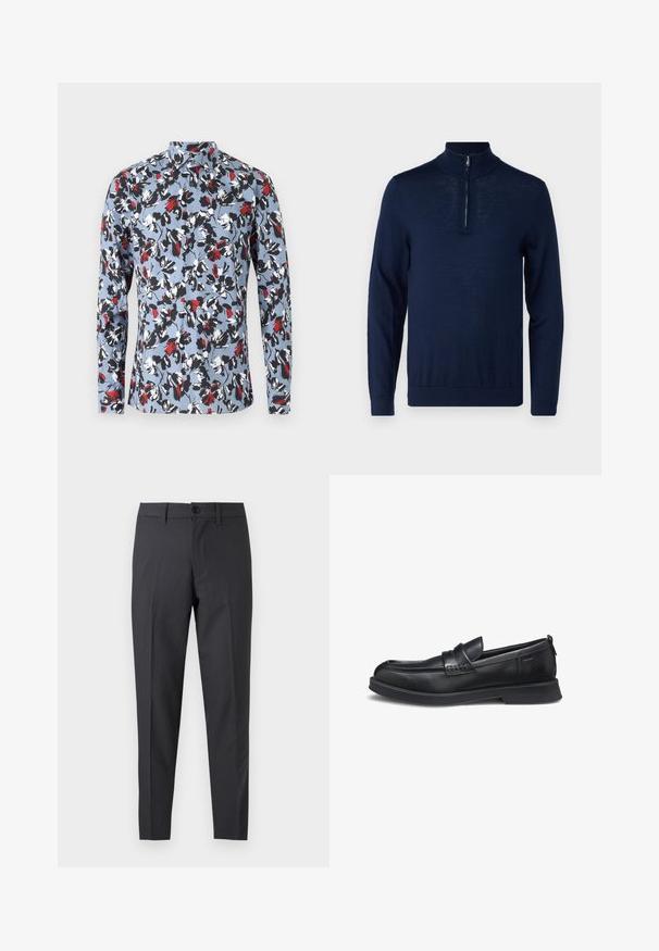 Mørkeblå, langærmet pullover med kvart-zip krave. Glat tekstur, tætsiddende design, minimale søm-detaljer og ingen synlige logoer.; Lynlange skjorte med knapper i lyseblå med et blomstermønster i rød, sort og hvid. Har en krave og frontknaplukning.; Mørkegrå skræddersyede bukser med forreste knap og bæltestropper, vist fladt mod en hvid baggrund.; Sort lædermokasin med rundet tå, lav hæl og syningsdetalje på rem, vist fra siden på hvid baggrund.