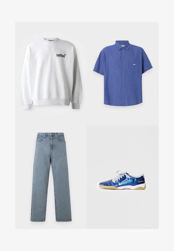 Lys grå sweatshirt med rund halsudskæring, ribbede manchetter og kant. Har sort "Wittopia" logo på venstre brystområde. Blød tekstur.; Blå og hvid ternet kortærmet skjorte med knapper, krave og forlomme med hvidt "OBEY"-logo.; Lysblå denim jeans med lige ben-design, fem lommer, metalknaplukning og en let falmet tekstur.; Blå syntetisk fodboldsko med en tekstureret overflade, hvide detaljer, grå snørebånd og en gummigummi sål. Har "total90" branding på hælen.