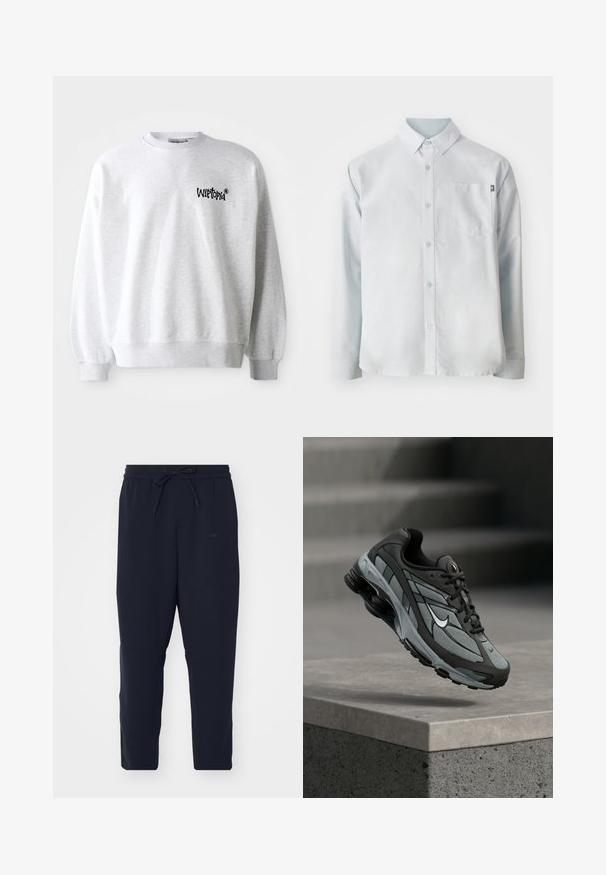 Svetlošedá mikina s okrúhlym výstrihom, rebrovanými manžetami a spodným lemom. Na ľavej strane hrude sa nachádza čierne logo "Wittopia". Mäkká textúra.; New Balance OXFORD - Košeľa - blue; Námořnické jogger nohavice vyrobené z jemného materiálu, s elastickým pasem na šnúrku, zúženými nohavicami a bočnými kapsami.; Šedá a čierna športová teniska s panelmi z sieťoviny a hrubou podrážkou, umiestnená vo vzduchu nad betónovým obrubníkom a schodmi v pozadí.