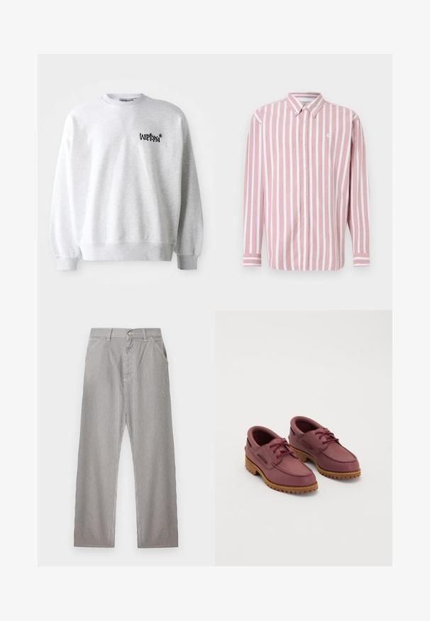 Lichtgrijze sweatshirt met een ronde halslijn, ribgebreide manchetten en zoom. Voorzien van een zwart "Wittopia" logo op de linkerborst. Zachte textuur.; Gestreept overhemd met knopen in roze en wit. Heeft een kraag, lange mouwen en een klein logo. Gemaakt van geweven stof.; Herenbroek met verticale zwart-witte dunne strepen, vooraan sluiting met knopen, riemlussen en zijzakken.; Een paar wijnrode leren bootschoenen met dikke tan rubberen zolen en rode veters op een witte achtergrond.