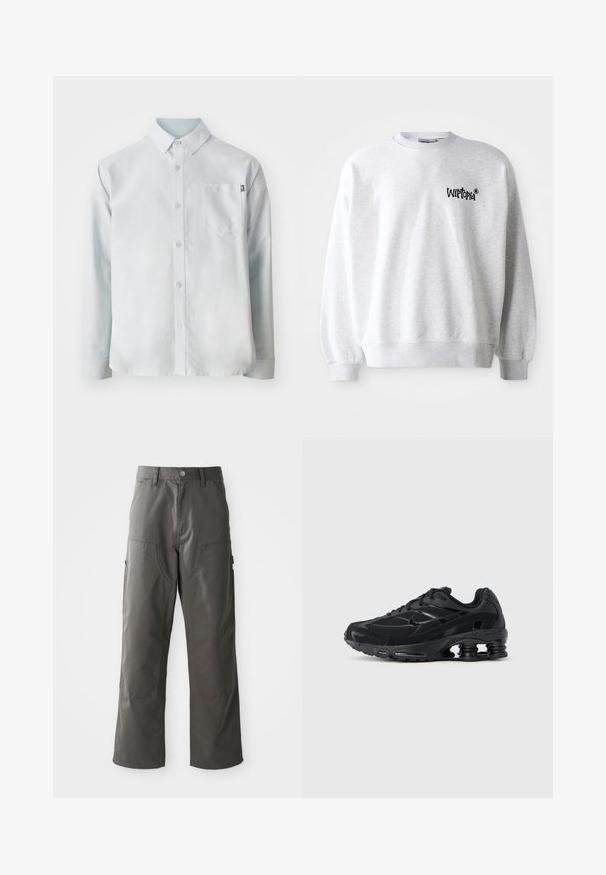 Lichtgrijze sweatshirt met een ronde halslijn, ribgebreide manchetten en zoom. Voorzien van een zwart "Wittopia" logo op de linkerborst. Zachte textuur.; New Balance OXFORD - Overhemd - blue; Grijze cargobroek met een recht model, voorzien van twee voorzakken en extra zijzakken voor opslag. Gemaakt van duurzame stof.; Zwarte sportieve schoen met een bovenwerk van mesh, een gevoerde kraag en opvallende dempingstechnologie bij de hiel. Heeft gestructureerde accenten en veters.