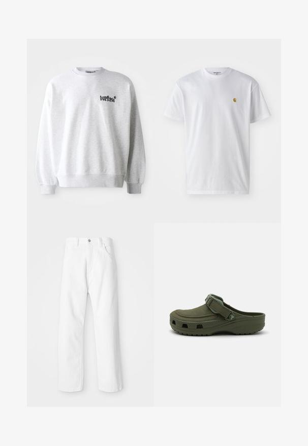Lys grå sweatshirt med rund halsudskæring, ribbede manchetter og kant. Har sort "Wittopia" logo på venstre brystområde. Blød tekstur.; Hvid bomulds t-shirt med korte ærmer, rund hals og et lille guld logo på venstre brystområde. Blød tekstur og almindelig pasform.; Hvide denimbukser med lige ben-design, der har en frontknap og lynlås lukning, fem lommer og en ren, tekstureret overflade.; Grøn gummi klipklap med justerbar rem og ventilationshuller. Glat tekstur, rundt tåparti og hævet sål for komfort.