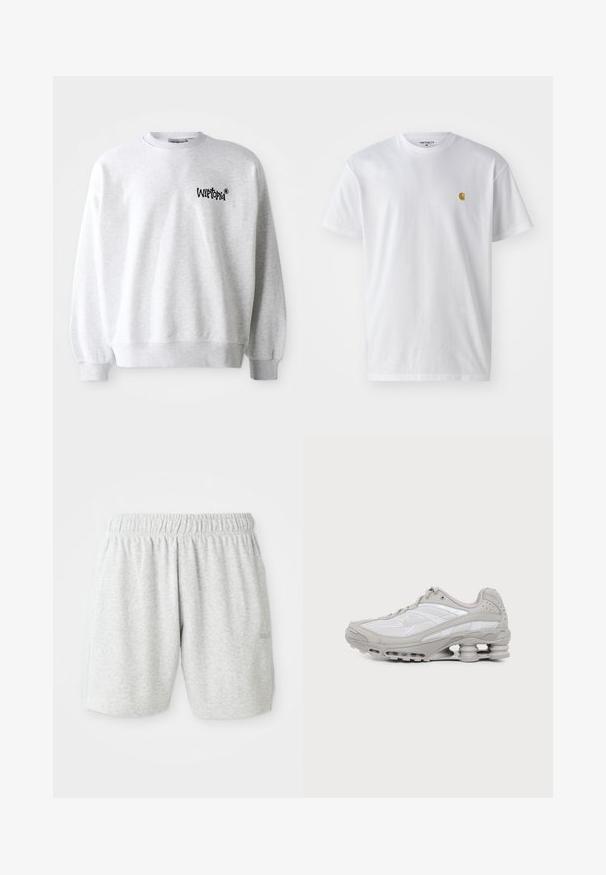 Sudadera gris claro con cuello redondo, puños y dobladillo acanalados. Presenta el logo negro "Wittopia" en la zona izquierda del pecho. Textura suave.; Camiseta de algodón blanca con mangas cortas, cuello redondo, que presenta un pequeño logo dorado en la parte izquierda del pecho. Textura suave y corte regular.; Pantalones cortos de algodón grises con una cintura elástica, que presentan una textura suave y bolsillos laterales. Detalle sutil del logo en el dobladillo.; Zapatilla deportiva gris y blanca con suela visible de amortiguación de aire y paneles de malla, mostrada de perfil sobre un fondo claro y sencillo.