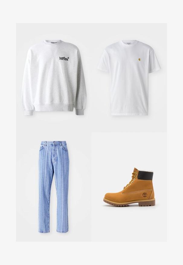 Lys grå sweatshirt med rund halsudskæring, ribbede manchetter og kant. Har sort "Wittopia" logo på venstre brystområde. Blød tekstur.; Hvid bomulds t-shirt med korte ærmer, rund hals og et lille guld logo på venstre brystområde. Blød tekstur og almindelig pasform.; Lysblå denimjeans med lodrette hvide striber, lige pasform, femlomme-stil og knaplukning i taljen.; Brune læder ankelstøvle med metaløjer, hvid pelsforing, sort polstret krave, robust sål og præget logo på siden.