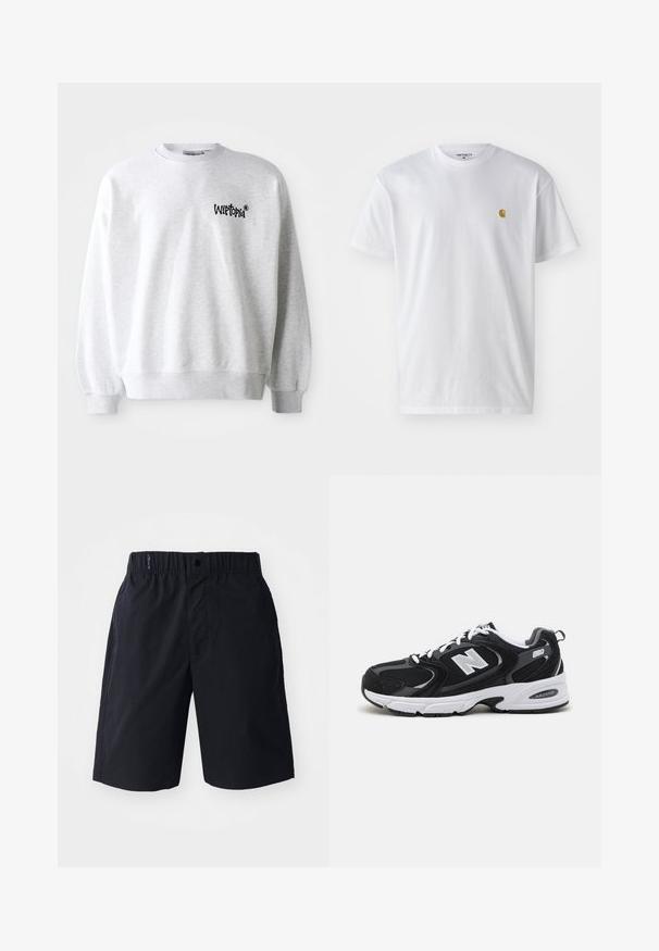 Sudadera gris claro con cuello redondo, puños y dobladillo acanalados. Presenta el logo negro "Wittopia" en la zona izquierda del pecho. Textura suave.; Camiseta de algodón blanca con mangas cortas, cuello redondo, que presenta un pequeño logo dorado en la parte izquierda del pecho. Textura suave y corte regular.; Pantalones cortos negros hechos de tejido ligero, con un frente plano, cintura elástica y bolsillos laterales. Diseño simple sin patrones.; Zapatillas deportivas en negro y gris con parte superior de malla y ante, que cuentan con una entresuela blanca, cordones y un llamativo logo "N" en el lateral.