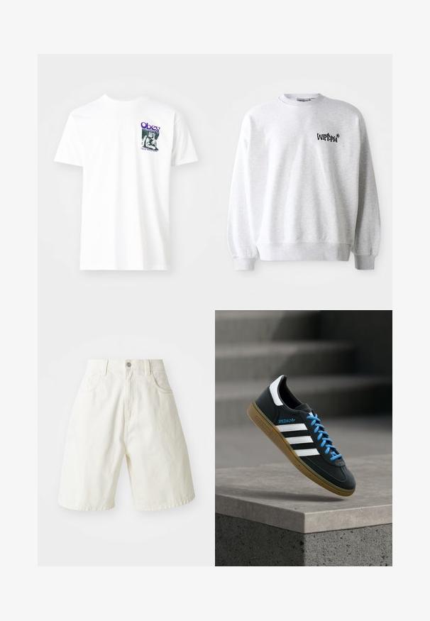 Lys grå sweatshirt med rund halsudskæring, ribbede manchetter og kant. Har sort "Wittopia" logo på venstre brystområde. Blød tekstur.; Hvid bomulds t-shirt med et grafisk print i lilla, der viser en siddende figur med teksten "Obey" og "Stop Worry Now!" i sort.; Hvide denimshorts med en afslappet pasform, der har en talje, fem lommer og lige ben. Stoffet har en let tekstur.; Sort Adidas sneaker med hvide striber, blå snørebånd og gummisål, der svæver over gråt betontrin i blødt lys.