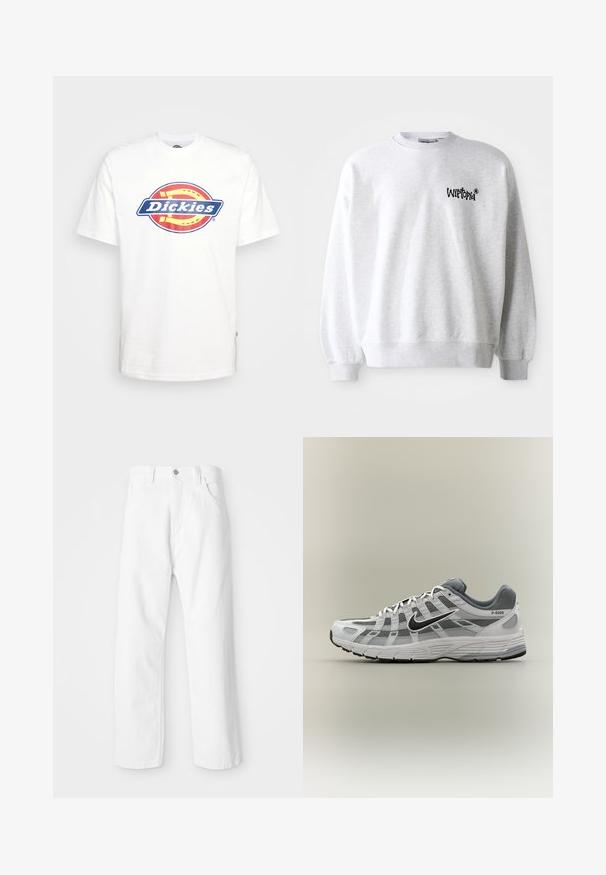 Sweatshirt gris clair avec un col rond, des poignets et un ourlet côtelés. Présente le logo noir "Wittopia" sur la zone gauche de la poitrine. Texture douce.; T-shirt en coton blanc avec un logo circulaire "Dickies" bleu et rouge au centre. Manches courtes et col ras du cou.; Pantalon en denim blanc avec une coupe droite, présentant une fermeture à bouton et glissière à l'avant, cinq poches et une finition lisse et texturée.; Baskets Nike P-6000 blanches et grises avec swoosh noir, panneaux en maille et semelle texturée, montrées en profil latéral sur fond neutre.