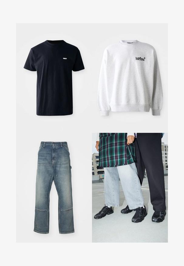 Lichtgrijze sweatshirt met een ronde halslijn, ribgebreide manchetten en zoom. Voorzien van een zwart "Wittopia" logo op de linkerborst. Zachte textuur.; Navyblauwe katoenen t-shirt met korte mouwen en een ronde hals, voorzien van een wit logo met de tekst "OBEY" op de linkerkant van de borst.; Lichtblauwe jeans met een relaxte pasvorm, gemaakt van denim. Heeft wijde broekspijpen, grote voorkruiszakken en contrasterende stikdetails.; Zwarte sportieve schoenen met mesh- en rubberaccenten. Draagt een lichtgrijze wijde spijkerbroek en een groen geruit shirt. Effen achtergrond.