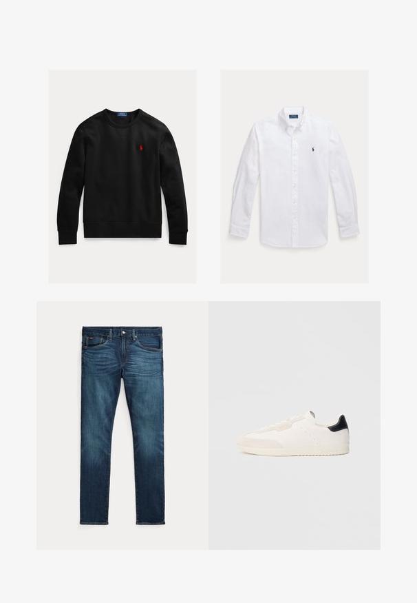 Must musta pika varrukaga ümar kaelusega dressipluus, millel on vasakul rinnal väike punane Polo Ralph Laureni logo.; Valge pikkade varrukatega trukkidega särk terava kraega, millel on vasakul rinnal väike tumesinine logo ja kollased trukid. Sile kangatekstuur.; Tumesinised kitsad teksad esiküljel nööbi ja tõmblukuga, viie taskuga ning peene tuhmumisega reite ja põlvede eesosas.; Valged nahast tossud seemisnahast aktsentidega, millel on must kannaosa, paelaga kinnitussüsteem, perforatsioonid ja peened brändielemendid küljel.