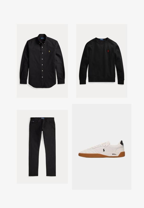 Μαύρο φούτερ με μακριά μανίκια και στρογγυλή λαιμόκοψη με μικρό κόκκινο λογότυπο Polo Ralph Lauren κεντημένο στο αριστερό στήθος.; Μαύρο πουκάμισο με μακριά μανίκια με κουμπιά, γιακά με κουμπιά και μικρό κίτρινο λογότυπο Polo Ralph Lauren στο αριστερό στήθος.; Μαύρο τζιν παντελόνι με στενή εφαρμογή, διαθέτει πέντε τσέπες, θηλιές για ζώνη και μπλε ετικέτα μάρκας στη μέση. Λείο, ανθεκτικό ύφασμα.; Λευκό χαμηλό παπούτσι με καφέ λαστιχένια σόλα, μαύρο λογότυπο Polo Ralph Lauren στο πλάι και το κείμενο «RL» στο πίσω μέρος.