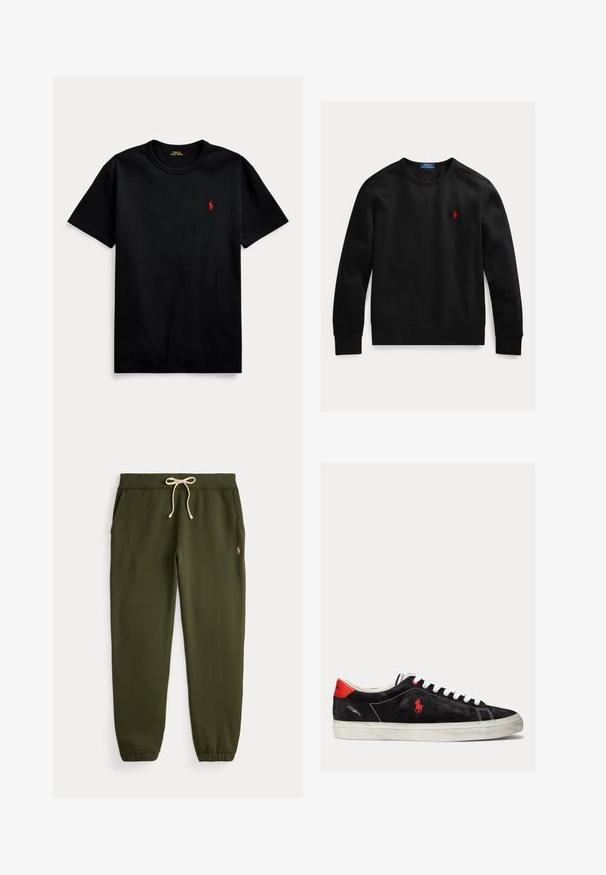 Schwarzer Langarm-Crewneck-Sweatshirt mit kleinem roten Polo Ralph Lauren Logo auf der linken Brust bestickt.; Schwarzes Baumwoll-T-Shirt mit kurzen Ärmeln, Rundhalsausschnitt und kleinem roten gestickten Logo auf der linken Brust. Glatte Textur, lässiges Design.; Olivgrüne Jogginghose mit weißem Kordelzug, Seitentaschen, elastischen Bündchen und kleinem gesticktem Logo am linken Oberschenkel.; Schwarze Wildleder-Sneaker mit weißen Schnürsenkeln, roten Akzenten an der Ferse und einem kleinen roten Logo. Sie verfügen über eine flache Gummisohle und einfache Nähte.