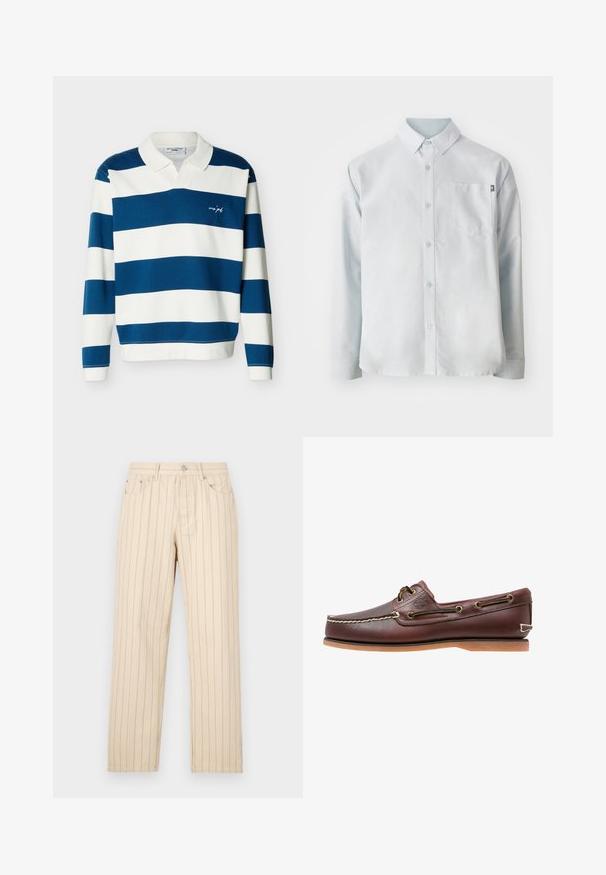 Rugbyshirt met lange mouwen, brede horizontale strepen in marineblauw en wit, en een witte kraag.; New Balance OXFORD - Overhemd - blue; Beige rechte broek met verticale strepen, voorzien van een knoopsluiting, riemlussen en zijzakken. De stof heeft een gladde textuur.; Bruine leren bootschoen met witte stiksels, veterdetails en beige rubberen zool, zijaanzicht op een witte achtergrond.