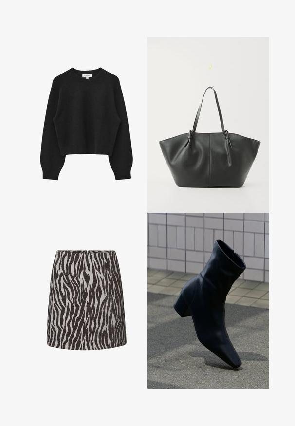Sort cropped sweater lavet af blødt, tekstureret stof. Har rund halsudskæring, raglanærmer samt ribkant ved kant og ærmer.; Mini nederdel med sort og grå zebra mønster, lige snit og en skjult lynlås bagpå.; Sort læderankelstøvle med blokhæle, stående på en tekstureret asfaltflade nær en fliser væg.; Vero Moda VMDITTA - Shopping bags - black