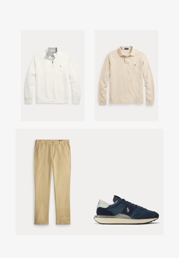 Valge pikakäise ja neljandiku tõmblukuga pluus, hall sisemine krae ja väike tikitud hobuse logo vasakul rinnal.; Beezhii puuvillast pika varrukaga polo-särk, millel on kolme nupuga plastron, soonilised mansetid ja väike tikitud logo rinnal.; Beežid meeste sirgete säärega püksid vööaasade, eesnuppu, tõmbluku ja küljetaskutega ühtsel valgel taustal.; Tumesinine ja valge tennisking, millel on seemisnaha ja kangastega detailid, valge logo küljel, valge kandurib, ning beež tald musta tallaga.