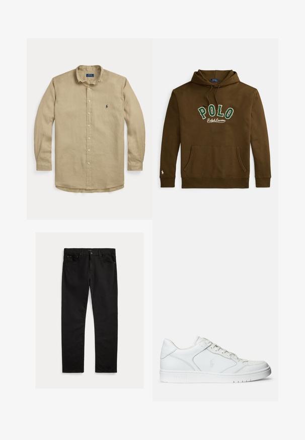 Brauner Kapuzenpullover mit Kordelzug, Fronttasche, "POLO Ralph Lauren" in Grün und Weiß auf der Brust gestickt und kleinem weißem Logo auf dem Ärmel.; Beige langärmliges Hemd zum Knöpfen mit Kragen, vorderen Knöpfen und kleinem dunkelblau besticktem Logo auf der linken Brust.; Schwarze Denim-Jeans mit geradem Bein, fünf Taschen Design und subtiler Struktur. Metalknopf und Reißverschluss als Verschlussdetail.; Weißer Ledersneaker mit glatter Textur, ausgestattet mit einer perforierten Zehenpartie, Schnürverschluss und gesticktem Logo an der Seite. Weiße Gummisohle.