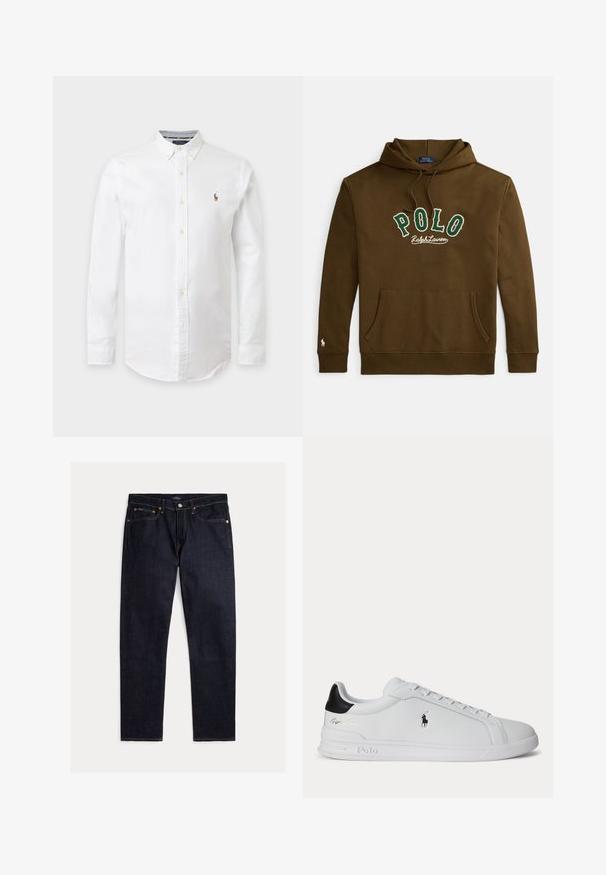 Brun hættetrøje med snore, frontlomme, "POLO Ralph Lauren" broderet i grønt og hvidt på brystet, og lille hvidt logo på ærmet.; Hvid langærmet skjorte med knapper og knappekrave samt et lille broderet logo på venstre bryst.; Mørk indigoblå jeans med lige ben, fem lommer, knap- og lynlås lukning samt kontrastfulde orange syninger på en ensfarvet baggrund.; Hvid lavtop sneaker med sort hælfane, snørebånd og Polo Ralph Lauren-logo på siden, med præget såldetaljer.