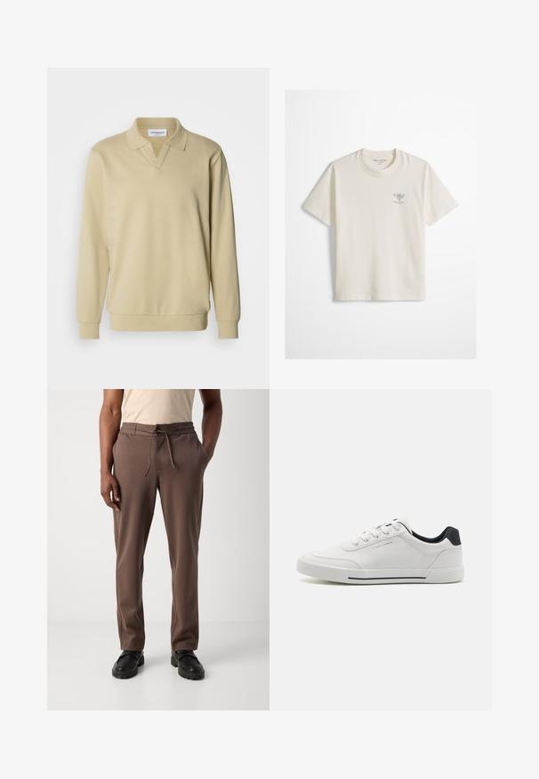 Beige langærmet polo med krave, der har en v-udskæring og ribstrikkede manchetter. Fremstillet af blødt stof med en glat tekstur.; Hvid T-shirt med korte ærmer og rund hals, med sort bieillustration og teksten "Marc O'Polo" på venstre bryst.; Mand iført brune snørebukser og sorte sko, stående mod en ensfarvet hvid baggrund.; Hvide sneakers med en glat syntetisk overdel, rund tå, snørebåndsdesign, marineblå accent på hælen og en tekstureret gummisål med en sort stribe.