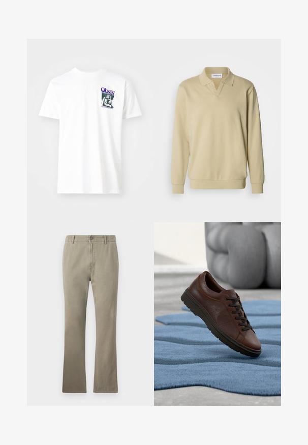 Beige langærmet polo med krave, der har en v-udskæring og ribstrikkede manchetter. Fremstillet af blødt stof med en glat tekstur.; Hvid bomulds t-shirt med et grafisk print i lilla, der viser en siddende figur med teksten "Obey" og "Stop Worry Now!" i sort.; Beige bomuldsbukser med lige snit, udstyret med knaplukning, bæltesløjfer og en let struktureret overflade, velegnet til eachdag.; Brun lædersneaker med tekstureret finish, rund tå og mørke snørebånd. Gummisål med lav profil. Sat mod et blåt tæppe.