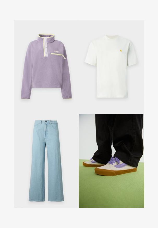 Pull-over en polaire lavande avec col à boutons-pression, bordure jaune et poche zippée horizontale sur la poitrine gauche, présenté sur fond blanc.; T-shirt blanc à manches courtes et col rond avec un petit logo jaune sur le côté gauche de la poitrine, présenté sur un fond uni.; Jean en denim bleu clair à jambes larges avec bouton frontal, fermeture éclair, passants pour ceinture et poches latérales sur fond blanc.; Baskets beige clair avec des accents violets, semelle en caoutchouc, et lacets plats. Portées avec un pantalon noir, présentées sur une surface texturée verte.