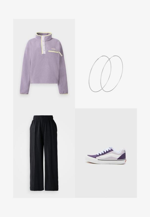 Sudadera de forro polar lavanda con cuello de botones a presión, ribete amarillo y bolsillo horizontal con cremallera en el pecho izquierdo, exhibida sobre fondo blanco.; Pantalones de pierna ancha negros con cinturilla elástica, fabricados en tejido suave, que presentan una textura lisa y líneas de diseño limpias.; Zapatillas de ante moradas y blancas con un diseño de corte bajo, que presentan punta redonda, cordones blancos y una franja negra a lo largo de la suela.; Pendientes de aro plateados con un diseño minimalista. Forma circular, textura suave y perfil delgado. Livianos con un acabado pulido.