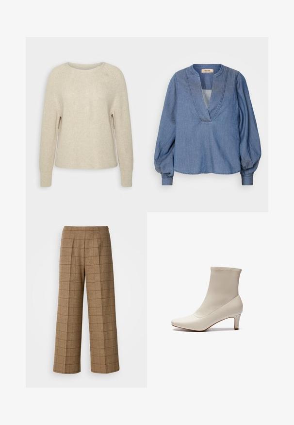 Lyserød strikket sweater med rund halsudskæring, raglanærmer og ribbede manchetter. Teksturen er blød med en afslappet pasform og minimal detaljering.; Lys blå denimbluse med dyb V-hals, ballonærmer og en afslappet pasform. Har struktureret syning langs halsudskæringen og manchetterne.; Brune ternede bukser med vidde og skræddersyet pasform, der har et struktureret stof og forhåndsfolder for ekstra struktur.; Hvide ankelstøvler lavet af glat læder med spids tå og en kort, tapered hæl. Har et minimalistisk design og en sømløs overdel.