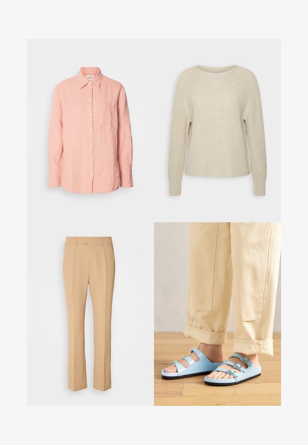 Lyserød strikket sweater med rund halsudskæring, raglanærmer og ribbede manchetter. Teksturen er blød med en afslappet pasform og minimal detaljering.; Lyserød linned skjorte med krave, knaplukning foran, lange ærmer og en lomme på venstre side. Struktureret stof med en afslappet pasform.; Beige skræddersyede bukser med lige ben, der har to frontfald, en flad front og et glat, let materiale.; Lysblå slidesandaler med tre justerbare stropper og sølvspænder; tekstureret sål og glat overflademateriale. Båret med opkrøllede beige bukser.