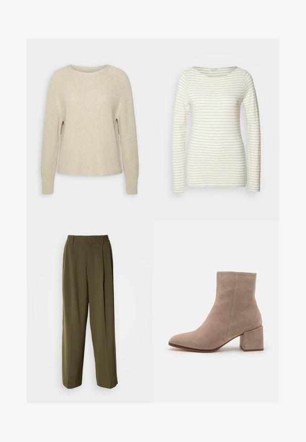 Hellrosa Strickpullover mit rundem Ausschnitt, Raglanärmeln und gerippten Bündchen. Die Textur ist weich, der Schnitt locker und die Details sind minimal.; Gestreiftes Langarmshirt aus einer Creme- und Beige-Baumwollmischung, mit rundem Halsausschnitt und figurnahem Schnitt. Weiche Textur mit dezenten Mustern.; Olivegrüne weite Hosen aus einem glatten Stoff, mit hoher Taille, Frontfalten und seitlichen Taschen für Funktionalität.; Beige Wildleder-Stiefelette mit spitzer Zehe und chunky quadratischem Absatz. Die Oberfläche ist glatt mit einer sanften Textur und minimaler Verzierung.