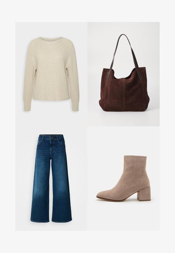 Lyserød strikket sweater med rund halsudskæring, raglanærmer og ribbede manchetter. Teksturen er blød med en afslappet pasform og minimal detaljering.; Viddejeans lavet af mørkeblå denim. Har høj talje, knaplukning og klassisk fem-lomme design med subtile falme.; Beige ruskind ankelstøvle med spids tå og en chunky kvadratisk hæl. Overfladen er glat med en blød tekstur og minimal dekoration.; Brun ruskind tote taske med to mørke læder skulderremme. Blød tekstur, afrundet top og et rummeligt interiør. Ingen synlig hardware eller pynt.
