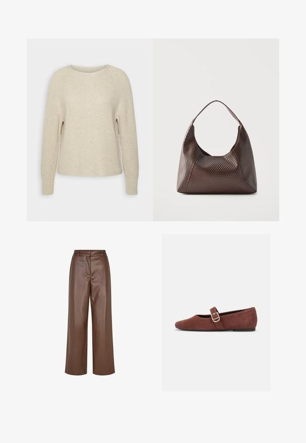 Pull en tricot rose clair avec un col rond, des manches raglan et des poignets côtelés. La texture est douce, avec une coupe décontractée et des détails minimaux.; Pantalons larges en simili cuir marron avec une texture lisse, des passants de ceinture et un pli avant au niveau de la taille.; Chaussure plate Mary Jane en suède marron avec une bride à boucle dorée et une semelle noire sur fond blanc.; Sac à épaule en cuir tressé marron avec une seule large bandoulière et un corps souple en forme de croissant.