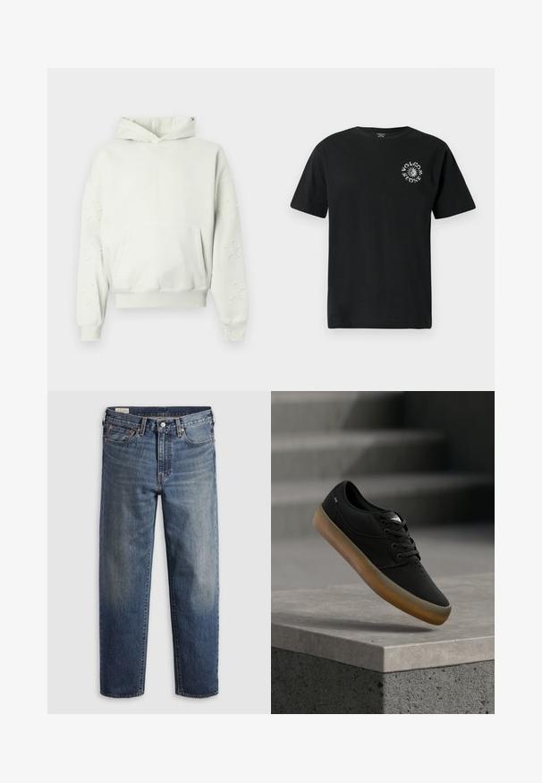 Lysegrå hoodie med en frontlomme, stjernesyninger på ærmerne, ribbede manchetter og bund samt en hætte med snøre. Blød bomuldsstof.; Sort bomulds t-shirt med korte ærmer, med et hvidt grafisk logo på venstre bryst. Klassisk rund hals-design. Standard pasform.; Mørkeblå denimjeans med en afslappet pasform, lige ben, fem-lommer design og subtil falmen ved lårene. Sølvknap og nitter.; Sort afslappet snøresko med brun sål, svævende over en betonforkant med slørede trapper i baggrunden.