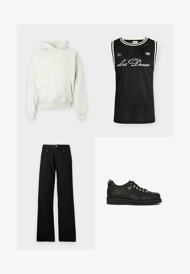 Hellgrauer Kapuzenpullover mit einer Fronttasche, Stern-Stickerei an den Ärmeln, gerippten Bündchen und Saum sowie einer Kordelzugkapuze. Hergestellt aus weichem Baumwollmaterial.; Schwarzes ärmelloses Mesh-Sporttrikot mit weißem Besatz, vorne mit "Les Deux" bestickt, mit "Estb 2011" und kleinen Logodetails.; Schwarze Hose mit geradem Bein, vorderem Knopfverschluss und Taschen, flach auf weißem Hintergrund dargestellt.; Kazar Studio KS BLAISE - Sportlicher Schnürer - black