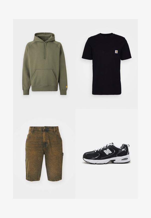 Olivgrüner Hoodie aus weichem Baumwollmischgewebe, ausgestattet mit einer Kängurutasche, verstellbarer Kapuze mit Kordelzug und gerippten Bündchen.; Schwarzes Baumwoll-T-Shirt mit kurzen Ärmeln, rundem Hals und einer Brusttasche, die mit einem kleinen, quadratischen Logo-Patch versehen ist. Einfaches, einfarbiges Design.; Jeansshorts in einem verblassten Braunton mit einer leicht abgenutzten Oberfläche. Mit Gürtelschlaufen, Vordertaschen und einer seitlichen Cargo-Tasche.; Schwarze und graue Sportschuhe mit Obermaterial aus Mesh und Wildleder, ausgestattet mit einer weißen Zwischensohle, Schnürsenkeln und einem markanten "N"-Logo an der Seite.