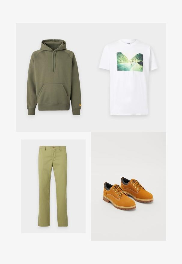 Sweat à capuche vert olive en mélange de coton doux, doté d'une poche kangourou, d'une capuche à cordon ajustable et de poignets côtelés.; T-shirt blanc avec une photo imprimée d'un skateboarder descendant une route de montagne entourée de collines rocheuses vertes sous un ciel lumineux.; Pantalon droit vert clair avec fermeture à bouton et glissière, passants pour ceinture et sans poches visibles, présenté de face sur fond blanc.; Chaussures en daim marron avec un bout rond, des lacets jaunes, un col rembourré noir et des semelles en caoutchouc avec des rainures de traction.
