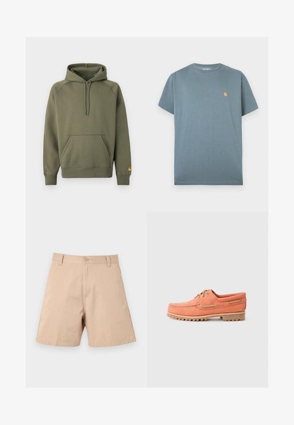 Olivengrøn hættetrøje lavet af blødt bomuldsblanding, med en kængurulomme, justerbar snøre i hætten og ribstrikkede manchetter.; Blå Carhartt T-shirt med korte ærmer og lille gul logo på venstre bryst, lagt fladt på hvid baggrund.; Beige bomuldsshorts med knap foran, bæltestropper og sidelommer, vist fladt på en lys baggrund.; Orange læder bådsko med en mokkastil design, rund tå, brune snørebånd og gummisål med grebsgroove.