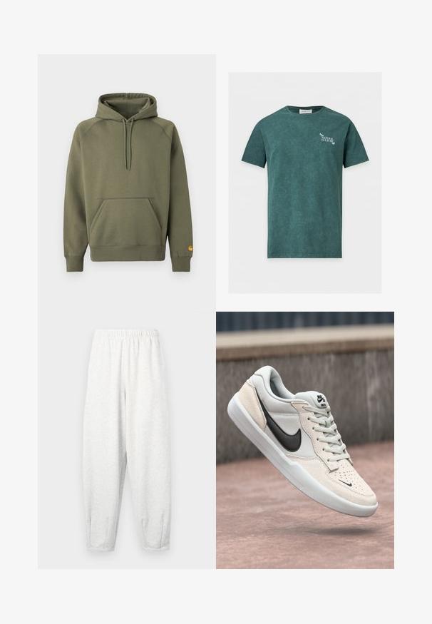 Olivgrüner Hoodie aus weichem Baumwollmischgewebe, ausgestattet mit einer Kängurutasche, verstellbarer Kapuze mit Kordelzug und gerippten Bündchen.; Dunkelgrünes T-Shirt mit kurzen Ärmeln, Rundhalsausschnitt und weißem "Natural Culture" Text sowie kleinem Schmetterlingsmotiv auf der linken Brust.; Hellgraue Sweatpants aus weichem Stoff, mit einem elastischen Bund, schmal zulaufenden Beinen und Fußbündchen. Einfaches Design ohne Muster.; Nike SB Sneaker in Hellgrau und Creme, mit Obermaterial aus Wildleder, schwarzem Swoosh, strukturierten Details und weißer Gummisohle.
