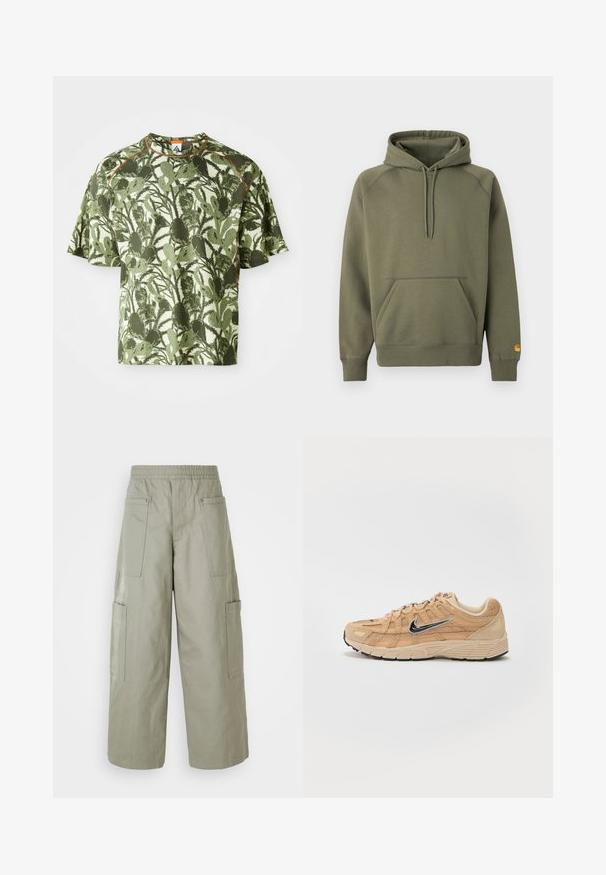 Sudadera con capucha de color verde oliva hecha de una suave mezcla de algodón, con bolsillo tipo canguro, capucha ajustable con cordón y puños acanalados.; Camiseta de manga corta verde con un patrón de hojas texturizado, con un acento naranja en el cuello y un corte relajado. Fabricada con un material transpirable.; Pantalones cargo holgados de color verde oliva con una cinturilla elástica, múltiples bolsillos y una textura suave. Ancho colapsable en el dobladillo.; Zapatilla deportiva beige con materiales de malla y ante, silueta curva, suela negra, prominente logo plateado de Nike en el lateral y acentos texturizados.
