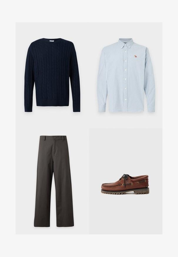 Mørkeblå kabelstrikket sweater med lange ærmer og rund halsudskæring, med lodret flettet mønster samt ribstrikkede manchetter og kant.; Lyseblå og hvide stribede langærmede skjorte med knappet krave, med en lille brun dyrebroderi på brystet.; Mørkegrå bukser med vide ben, knap- og lynlåslukning, bæltestropper og uden synlige lommer.; Brune læder bådsko med struktureret overdel, sorte snørebånd og gyldne øjer. Har en holdbar, rillede gummisål.