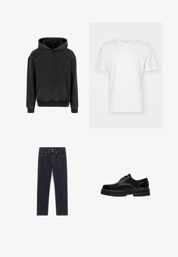 Urban Classics Kapuzenpullover - magnet; Weißes Baumwoll-T-Shirt mit kurzen Ärmeln, Rundhalsausschnitt und glatter Textur. Einfaches Design ohne Muster oder Grafiken.; Dunkelblaue Jeans aus Denim mit geradem Schnitt, fünf Taschen, kupferfarbenen Beschlägen und kontrastierenden Nähten. Keine sichtbaren Abnutzungen oder Verzierungen.; Schwarze Leder Schnürschuhe mit abgerundeter Spitze, strukturiertem Finish und dicker Gummisohle mit tiefen Rillen für besseren Grip.