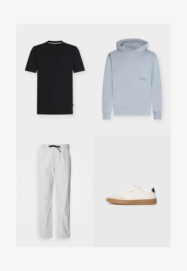 Lichtblauwe hoodie met lange mouwen en een vooraan een patch met het "BOSS"-logo, geribbelde boorden en zoom, en een gevoerde capuchon.; Zwart T-shirt met korte mouwen, ronde hals en klein "BOSS"-logo op de linkerborst, getoond op een effen witte achtergrond.; Tapered broek van een katoenmix in lichtgrijs met een taillekoord. Voorzien van plooien aan de voorkant en zijzakken voor functionaliteit.; Witte sneakers met beige accenten, bovenwerk van glad leer, ronde neus en rubberen gumzool, met een zwarte hieltab en subtiele branding.