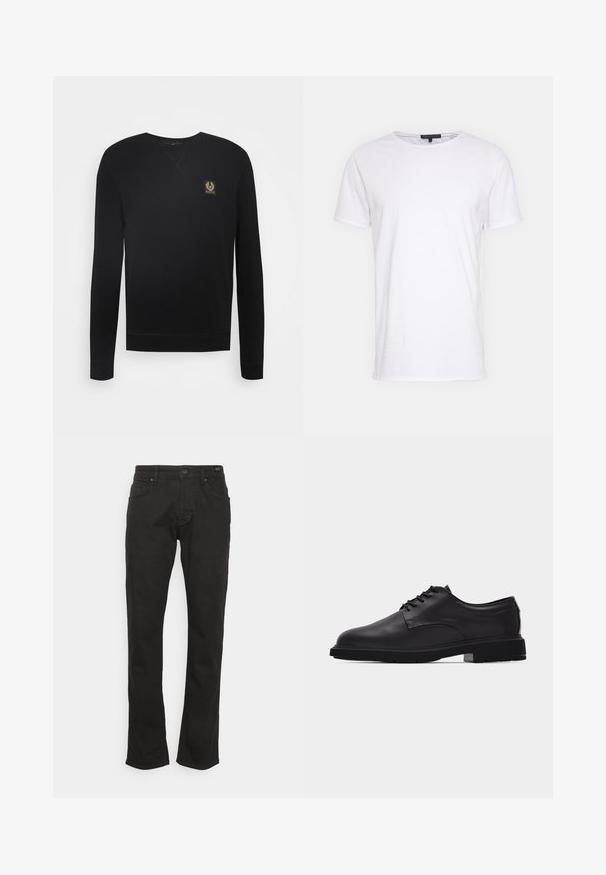 Sweatshirt noir en tissu doux, avec un col rond, des manches longues et un petit patch logo doré sur la poitrine gauche.; T-shirt en coton blanc avec un col rond, des manches courtes et une coupe droite. Présente une texture simple et lisse, sans motifs supplémentaires.; JOOP! Jeans MITCH - Jean droit - black; Chaussure habillée à lacets pour homme en cuir noir à finition lisse avec semelle épaisse en caoutchouc, vue de profil sur fond blanc.