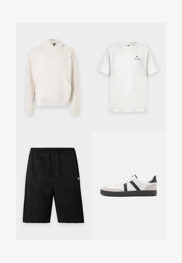 Oakley SOHO HOODIE - Hoodie - mist; Witte katoenen T-shirt met een ronde hals en korte mouwen. Bevat een klein blauw logo met de tekst "QUIKSILVER" op de borst.; Zwarte mesh sportshorts met een trekkoord in de taille, voorzien van een geperforeerde textuur en een klein wit logo aan de onderzijde rechts.; Witte sneaker met zwarte en grijze accenten, voorzien van een grijze neus met textuur, zwarte rubberen zool en platte witte veters. Schoon ontwerp, minimalistische stijl.