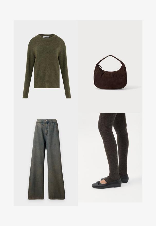 Olivengrøn langærmet uldsweater med rund hals og blødt tekstureret stof, mærket "Selected Femme" inde i kraven.; Mørkeblå vide jeans med høj talje, med lukkning foran med knapper og en diskret tekstur. Stoffet ser let falmet ud.; Ben iført mørke ribbede leggings kombineret med sorte balletsko med små sløjfedetaljer på hvid baggrund.; Mørkebrun ruskindshåndtaske med kort rem og afrundet rektangulær form på en ensfarvet lys baggrund.